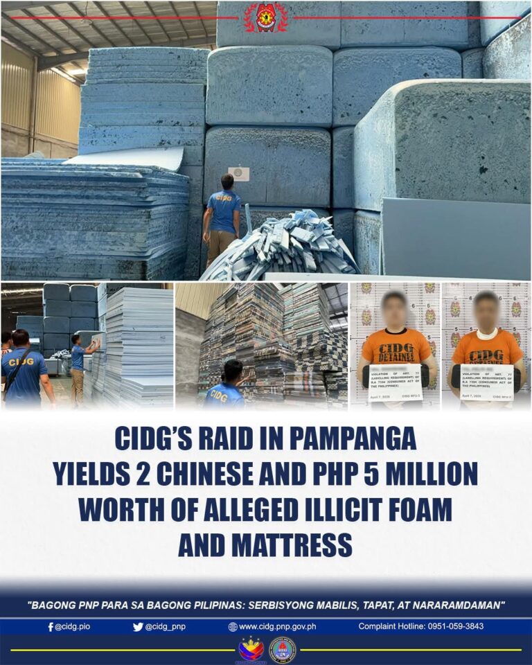 cidg-seizes-₱5m-in-illicit-foam,-mattress-in-pampanga-raid;-2-chinese-arrested